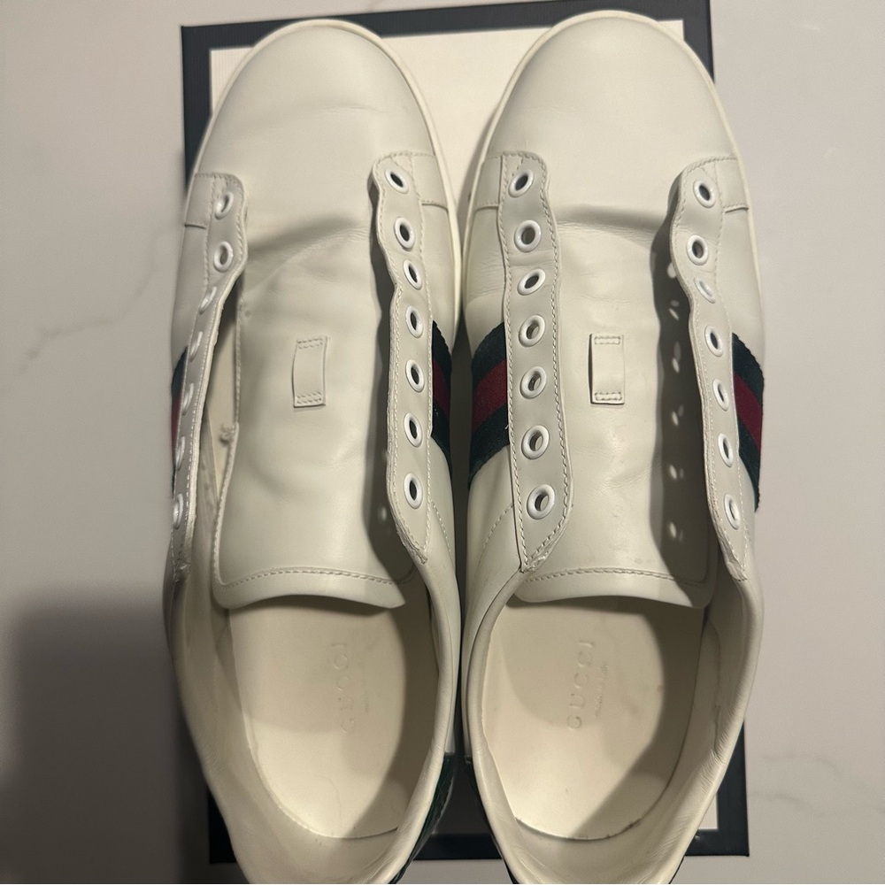 Gucci Womens White - Ace Striped Panelled Leather Sneakers 39 - Picture 6 of 10